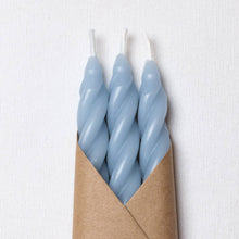 Load image into Gallery viewer, Sky Blue Beeswax Taper Candles Set of 3: Spiral
