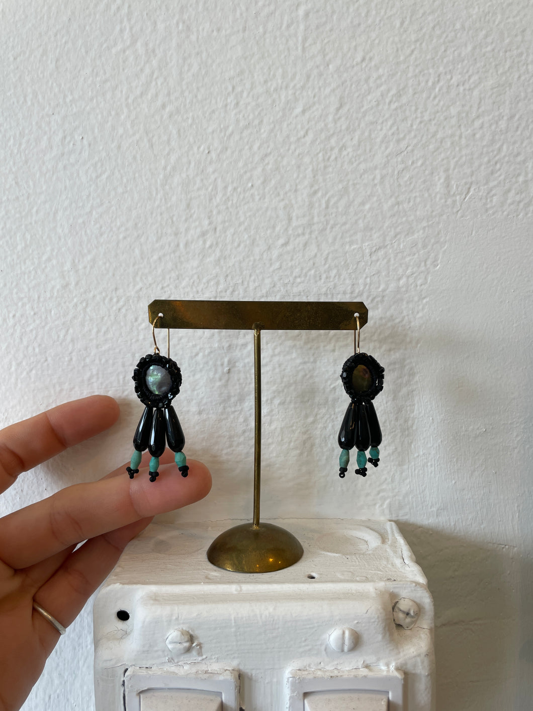 Earring with black Pearls with onyx and matte polished turquoise